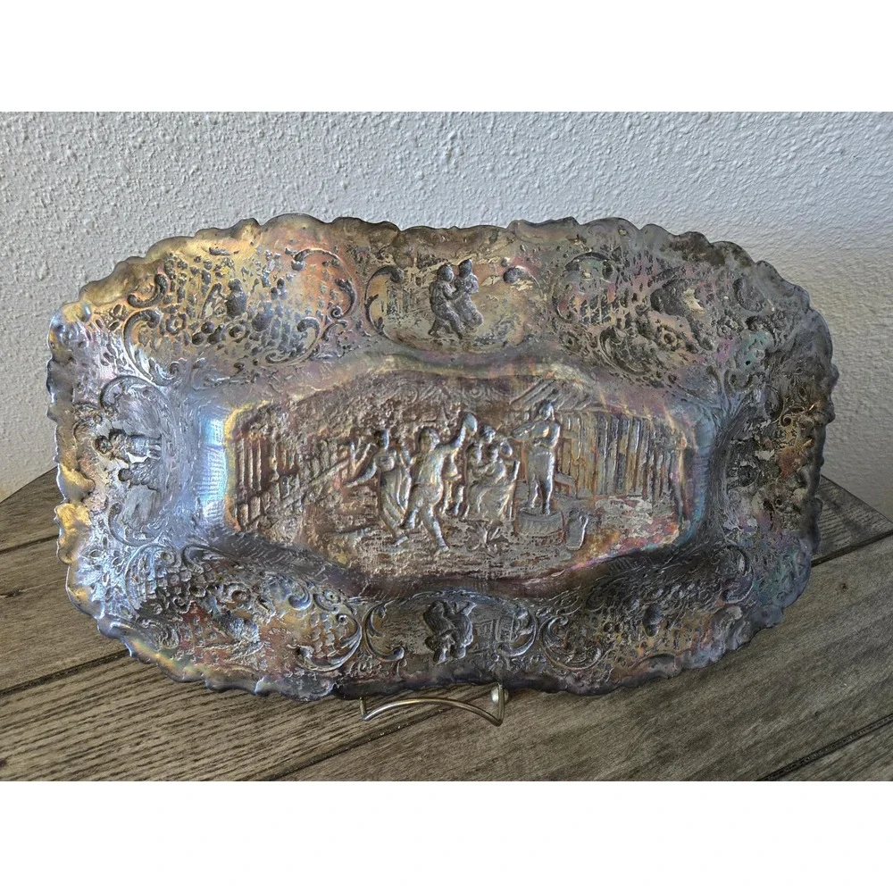 Antique Silver on Copper Dutch Revival Repousse People Tavern Courtyard Bowl